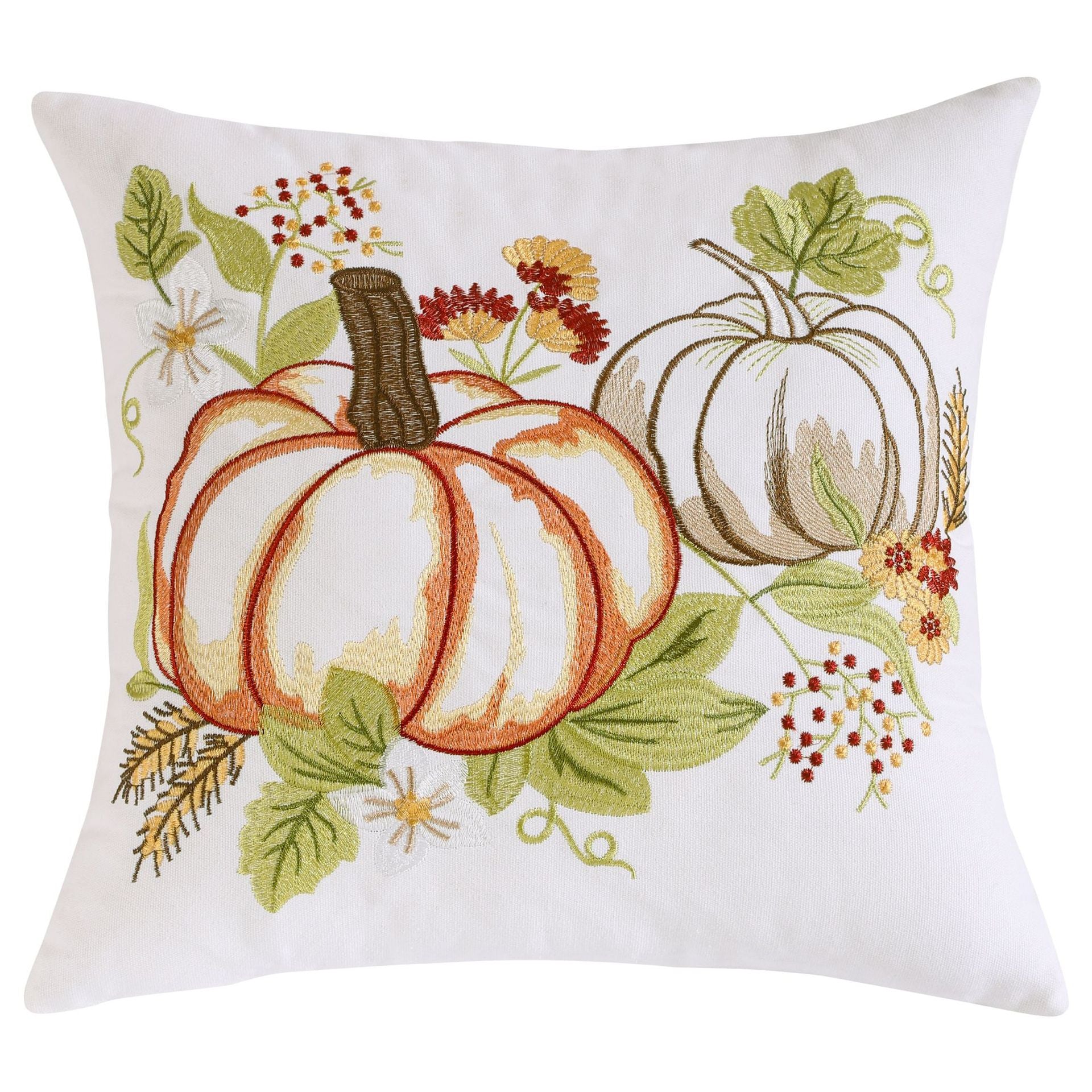 Pillow cover with colorful embroidered pumpkins and autumn leaves