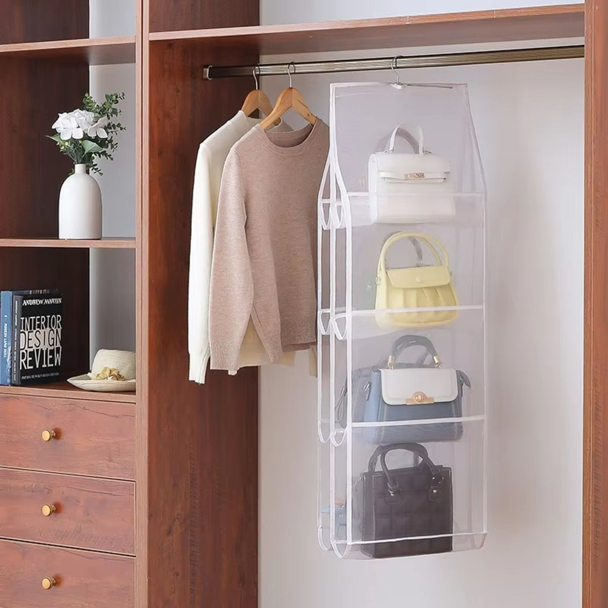 Hanging Closet Organizer — inside a wardrobe holding purses