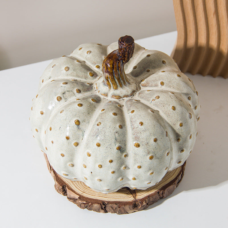 White Ceramic Pumpkin — close view of glaze and stem