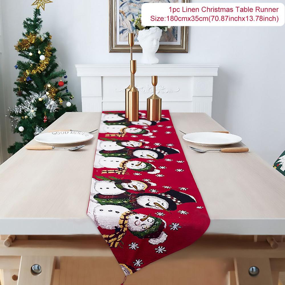 Embroidered Linen Christmas Table Runner — snowman design on a holiday table
