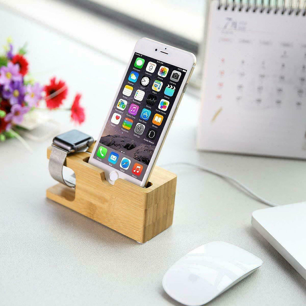 Bamboo Charging Station — phone and watch docked on desk