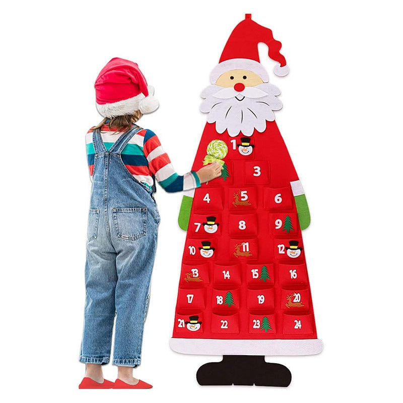Felt Advent Calendar — child filling calendar pockets with treats