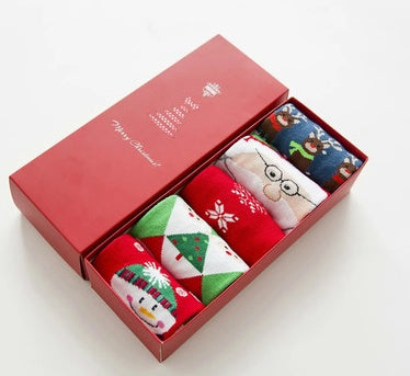 Holiday Mix sock gift box with five pairs of festive knit socks in a red box