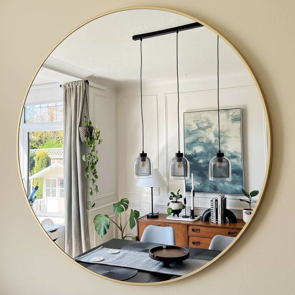 Gold round wall mirror on a warm cream wall reflecting a bright dining room