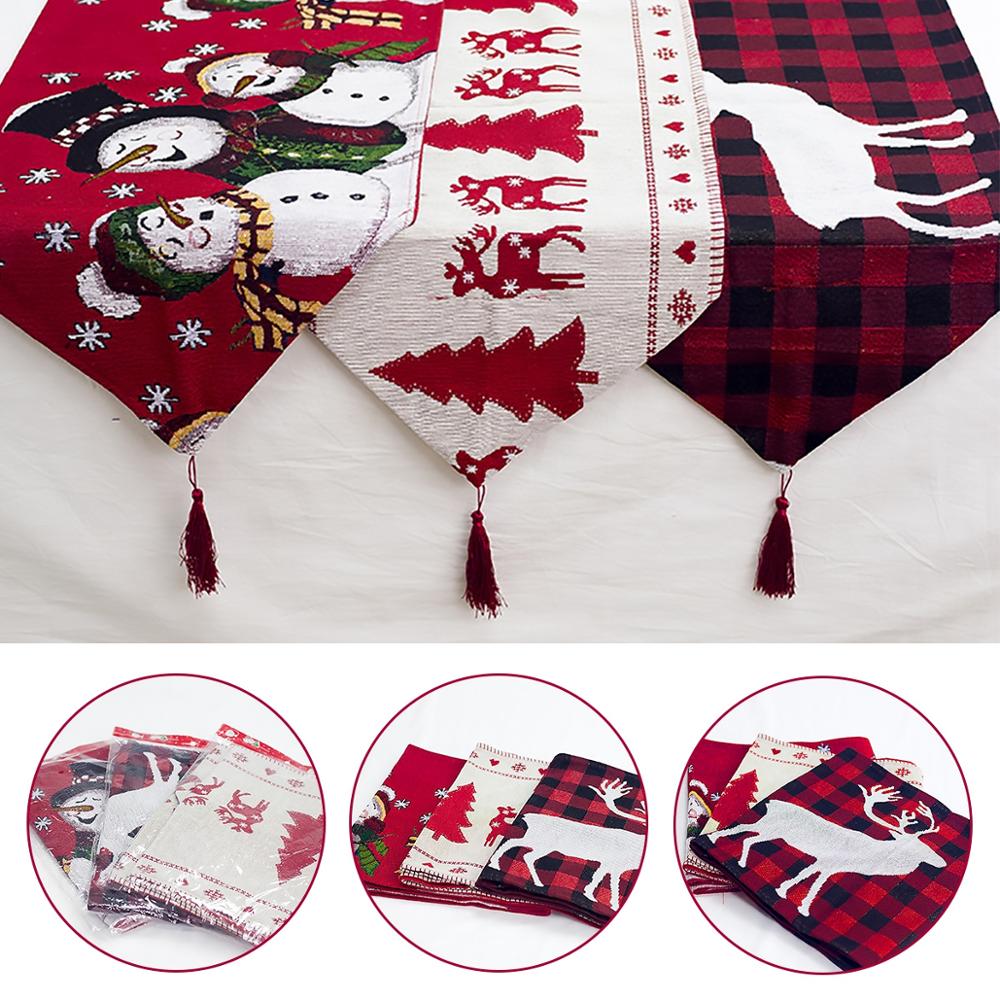 Embroidered Linen Christmas Table Runner — snowman and elk designs with detail views