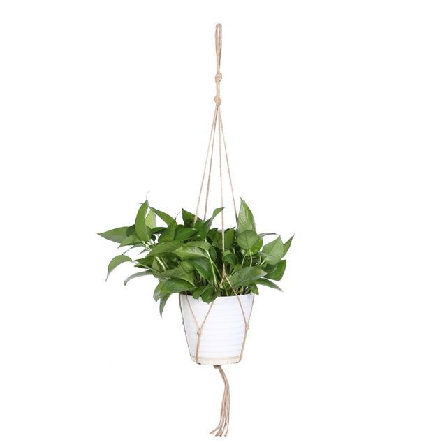 Macrame Plant Hanger — shorter macrame hanger with a potted plant