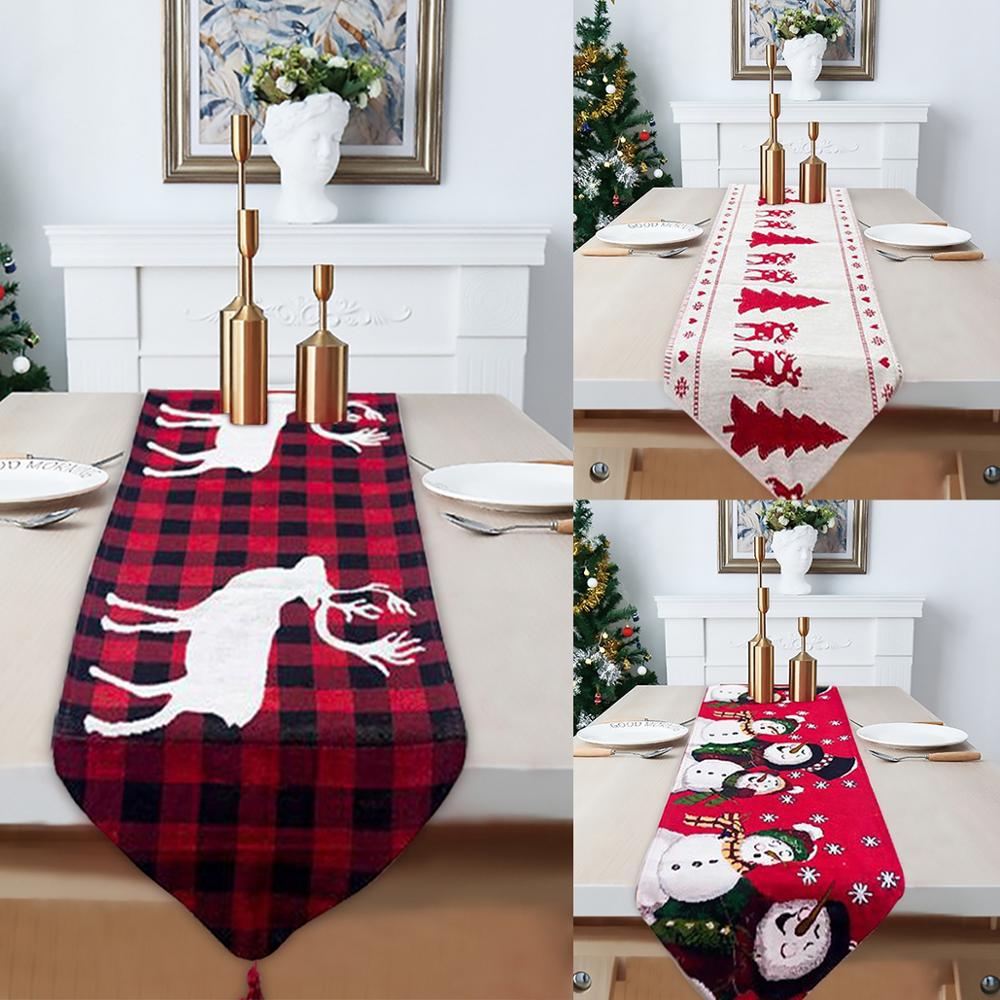 Embroidered Linen Christmas Table Runner — elk runner on the table with design insets