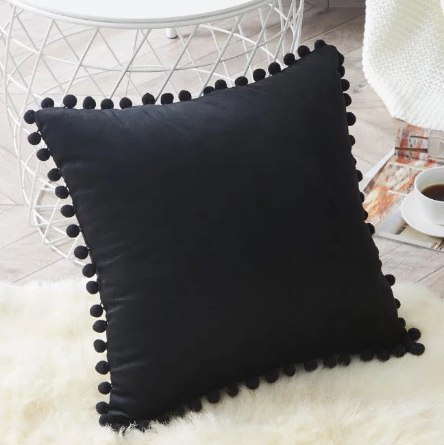 Pom Pom Velvet Pillow Cover — black velvet cover close-up