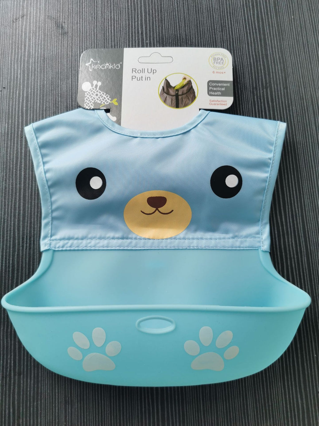 Blue bear silicone baby bib with crumb catcher pocket