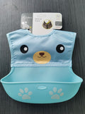 Blue bear silicone baby bib with crumb catcher pocket
