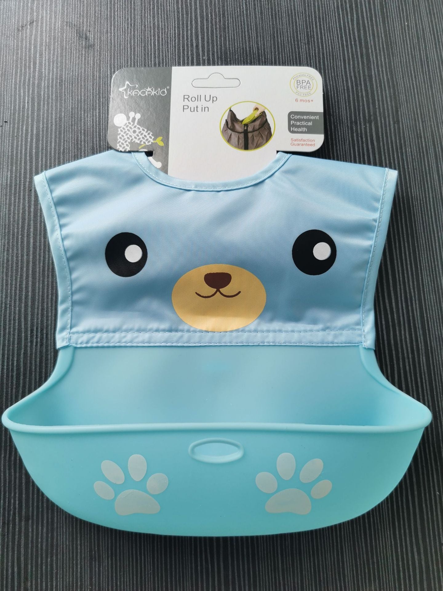 Blue bear silicone baby bib with crumb catcher pocket