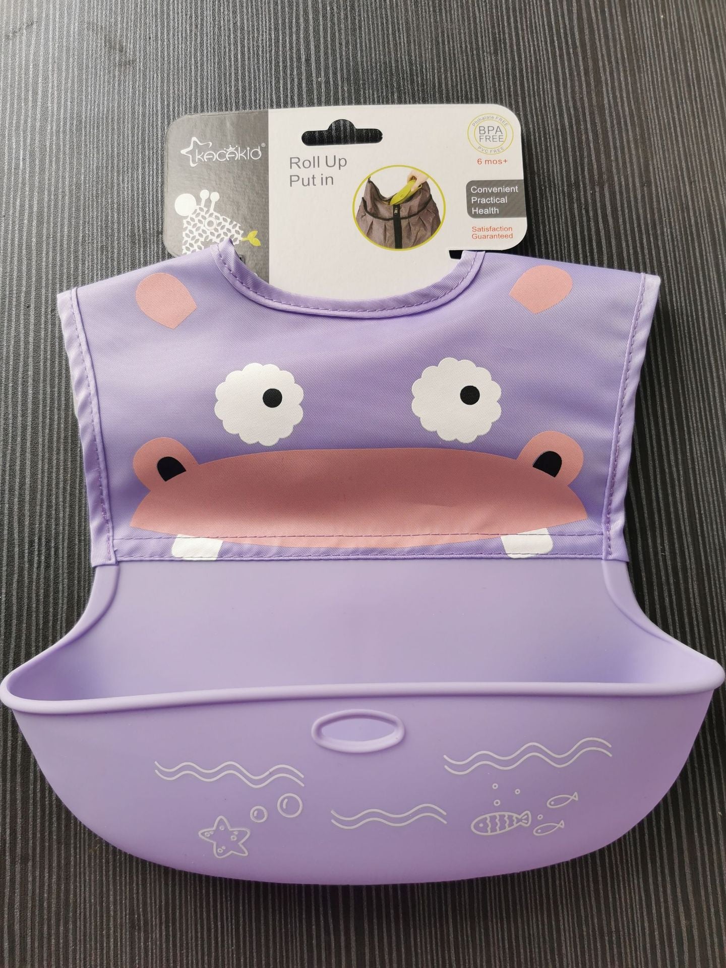 Purple monster silicone baby bib with food catching pocket