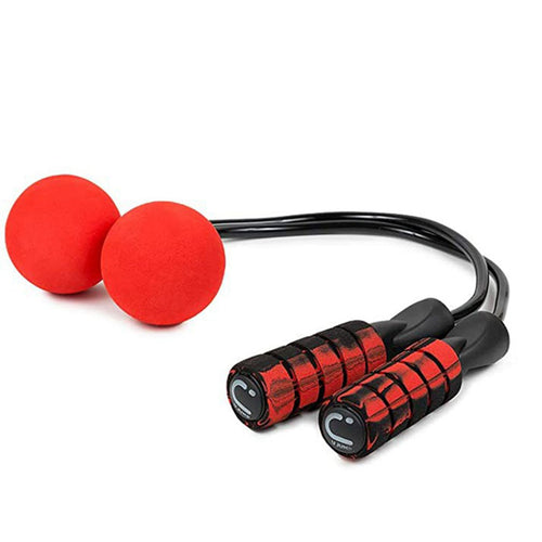 Cordless jump rope with red weighted balls and foam handles