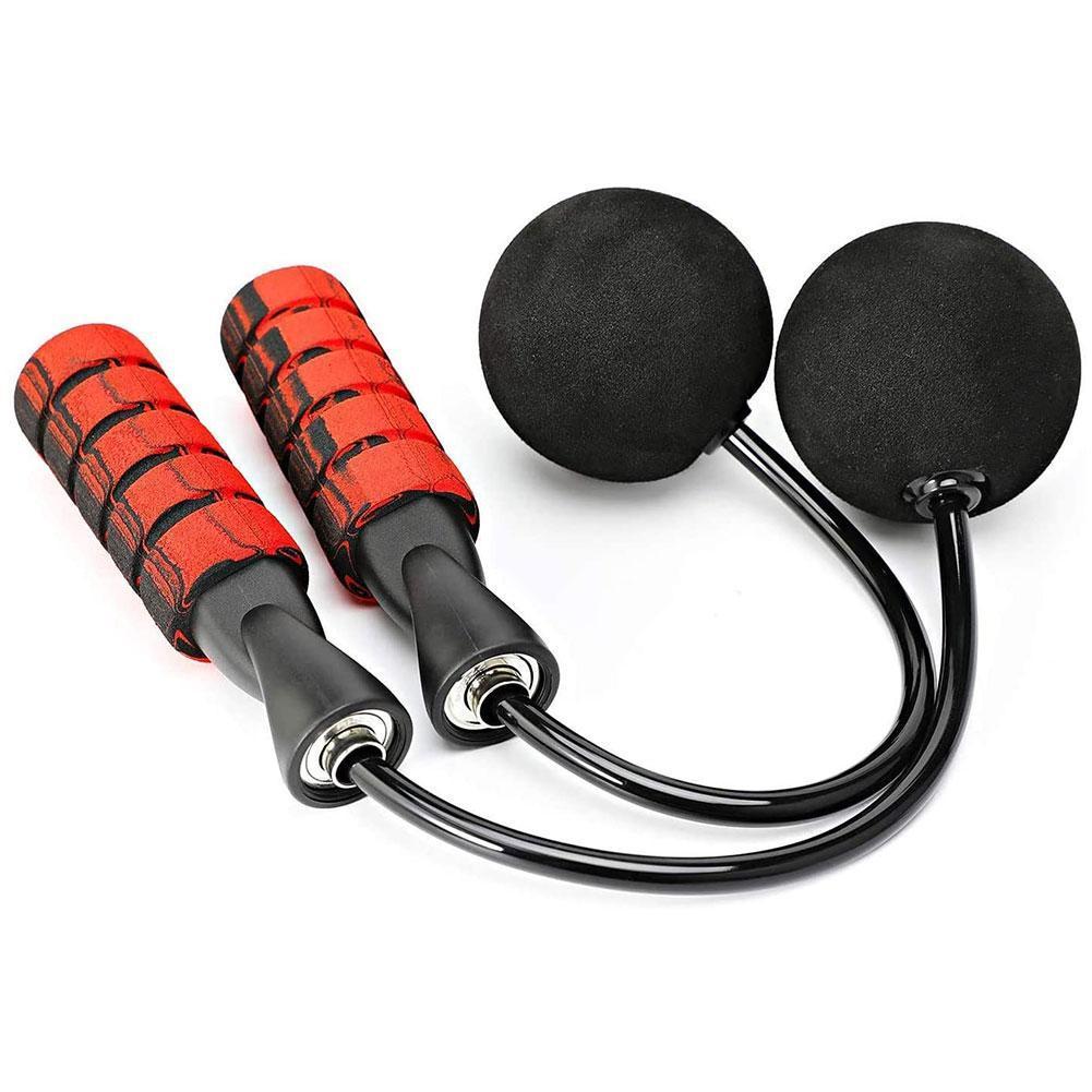 Black cordless jump rope with weighted balls and ergonomic grips