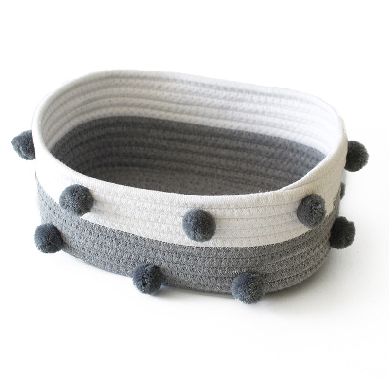 Cotton Rope Storage Basket — grey and white basket with charcoal pom poms