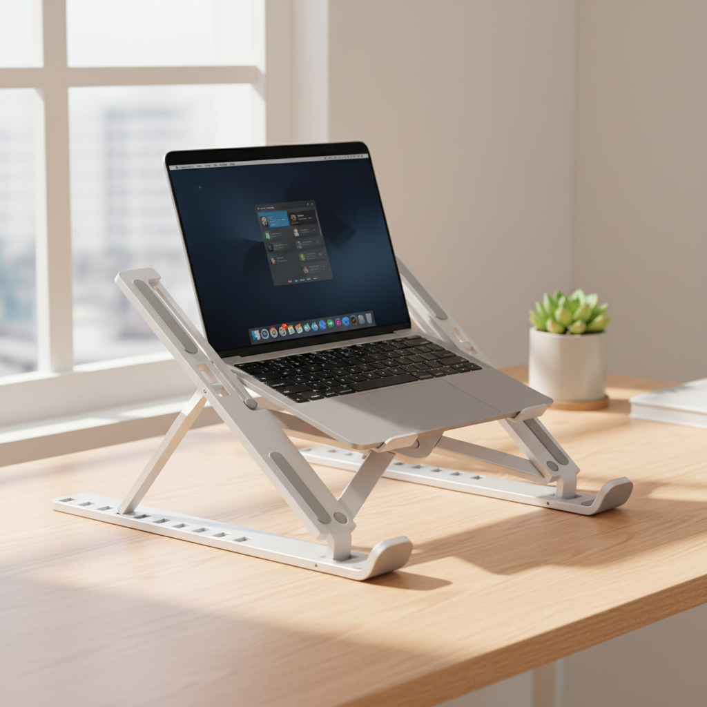 Aluminum laptop stand holding an open laptop on a wooden desk near a window with a small plant