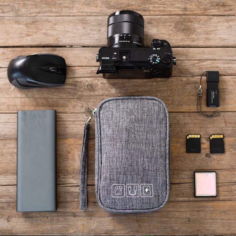 Tech Organizer Pouch — flat lay with camera gear
