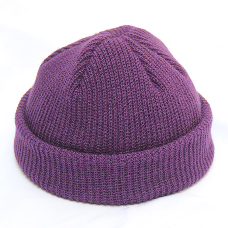 Purple ribbed knit beanie with folded cuff