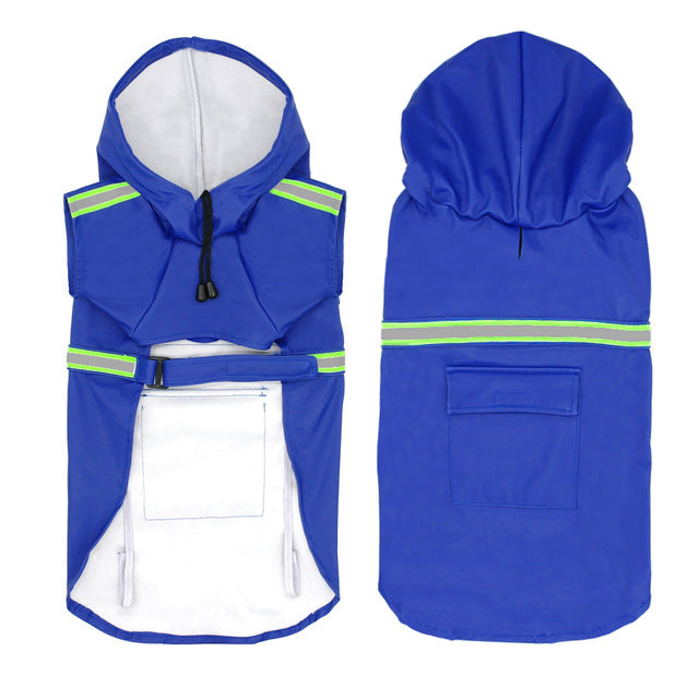 Reflective Dog Raincoat — dark blue raincoat, front and back views