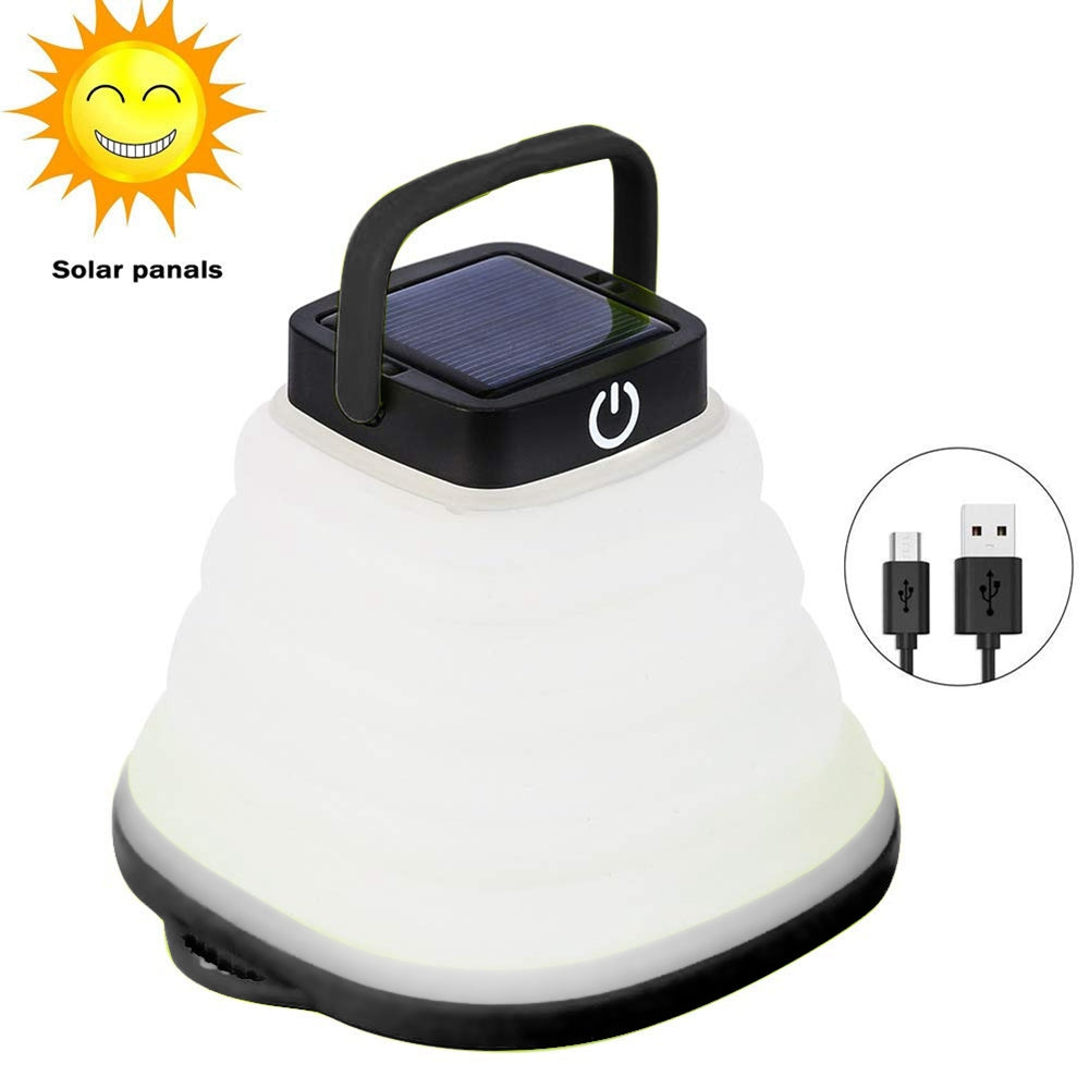 White and green solar lantern with USB charging cable