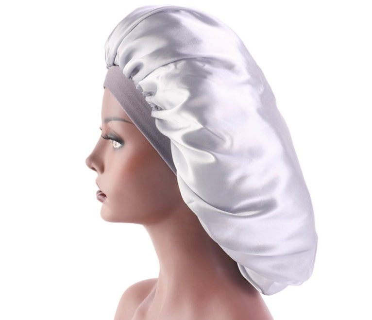 Satin Sleep Bonnet — silver bonnet, side profile