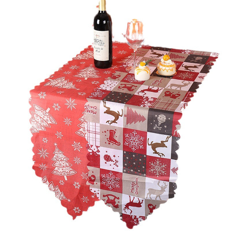 Printed Table Runner — patchwork runner styled on a wood table with wine