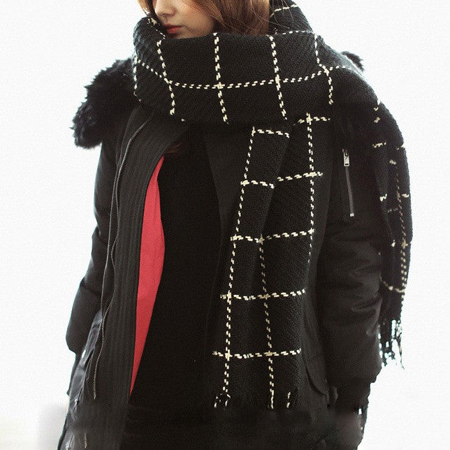 Plaid Shawl Blanket Scarf — black windowpane plaid scarf over coat