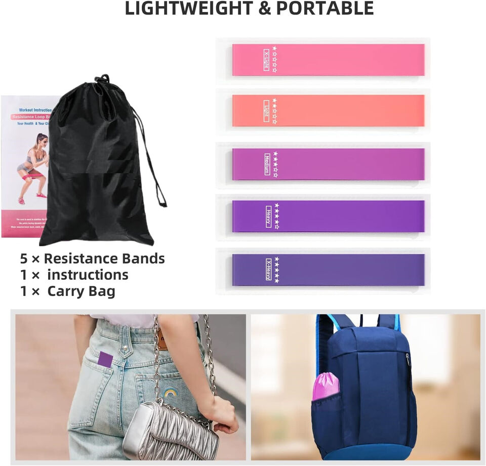 Resistance band set contents with five bands, instructions and carry bag
