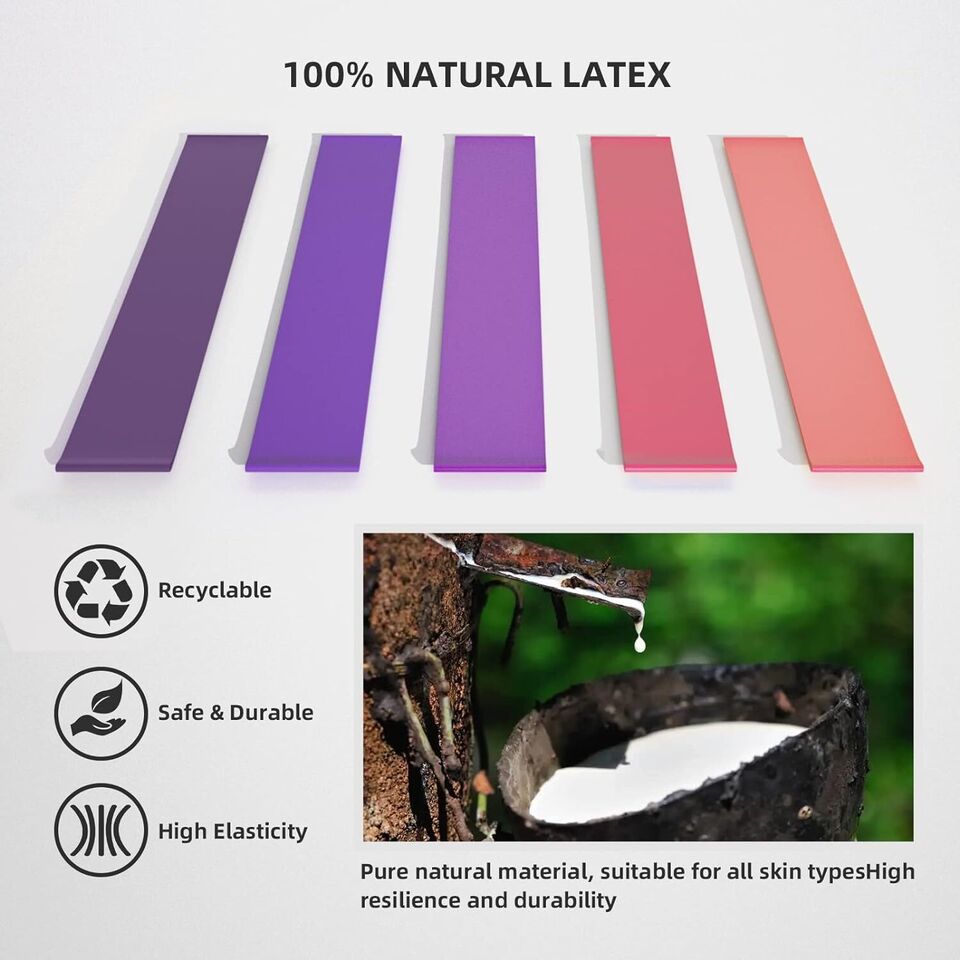 Resistance bands made from natural latex, shown with material details