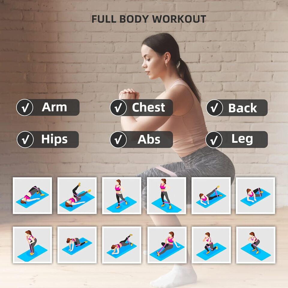 Guide showing full body workout moves for arms, chest, back and legs