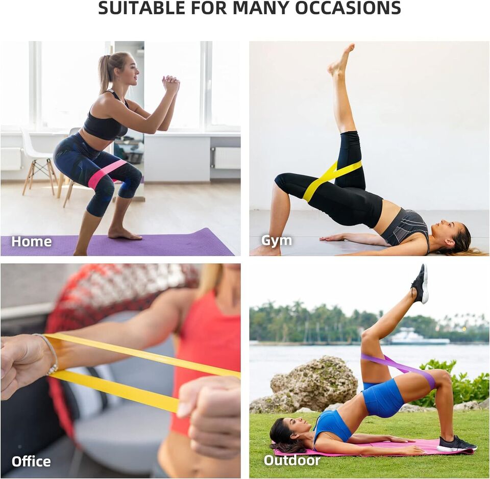 Women using resistance loop bands for squats and stretches at home and outdoors
