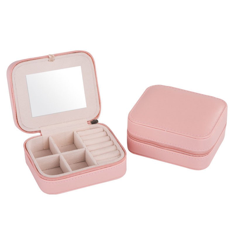 Pink mini jewelry case with mirror, open and closed views
