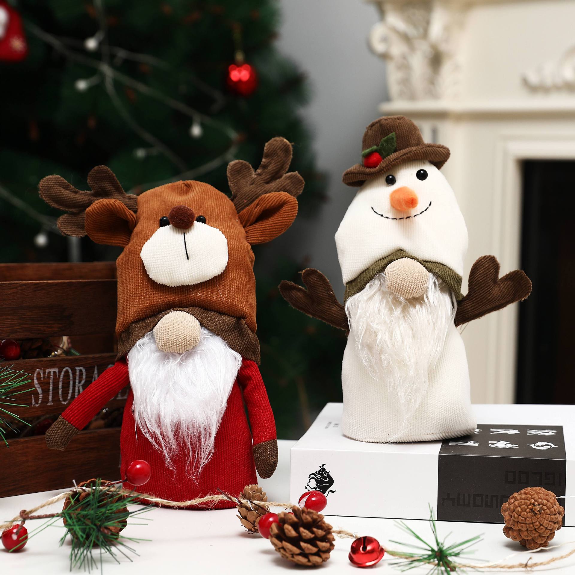 Corduroy Christmas Gnome Plush — red and white gnomes in holiday display