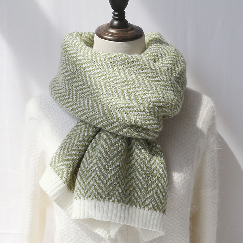 Herringbone Knit Scarf — mustard green scarf styled on a mannequin