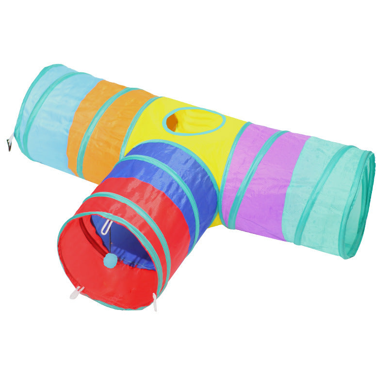 Colorful rainbow foldable cat tunnel with dangling toy
