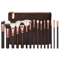 Fifteen piece brown makeup brush set with rose gold ferrules