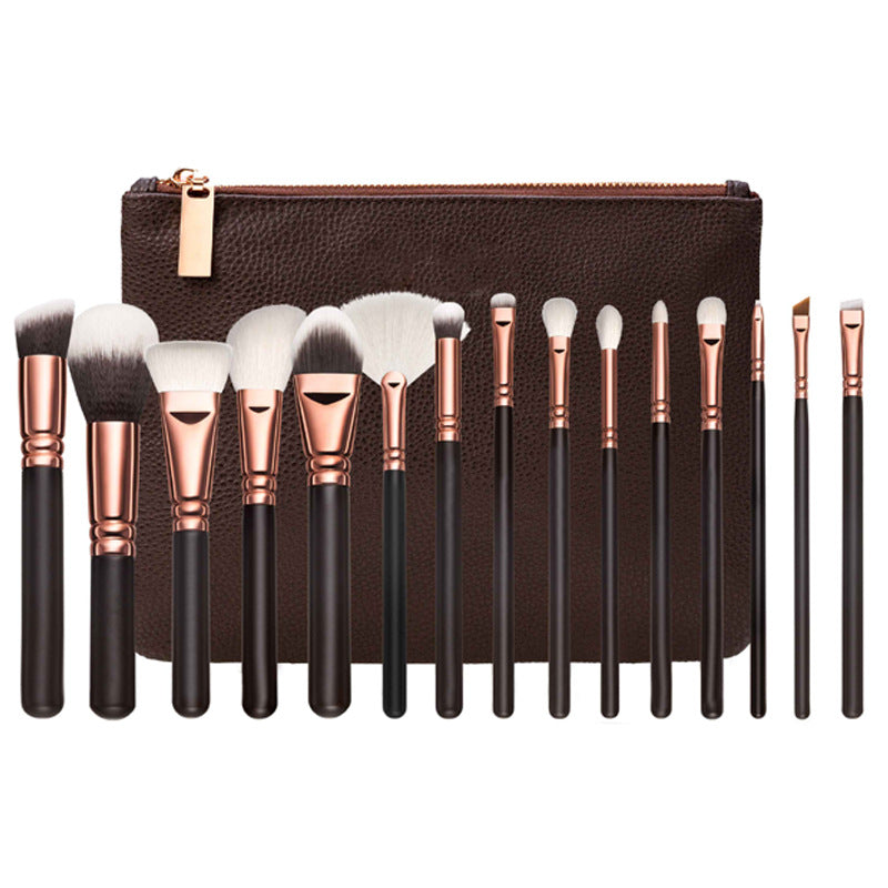 Fifteen piece brown makeup brush set with rose gold ferrules