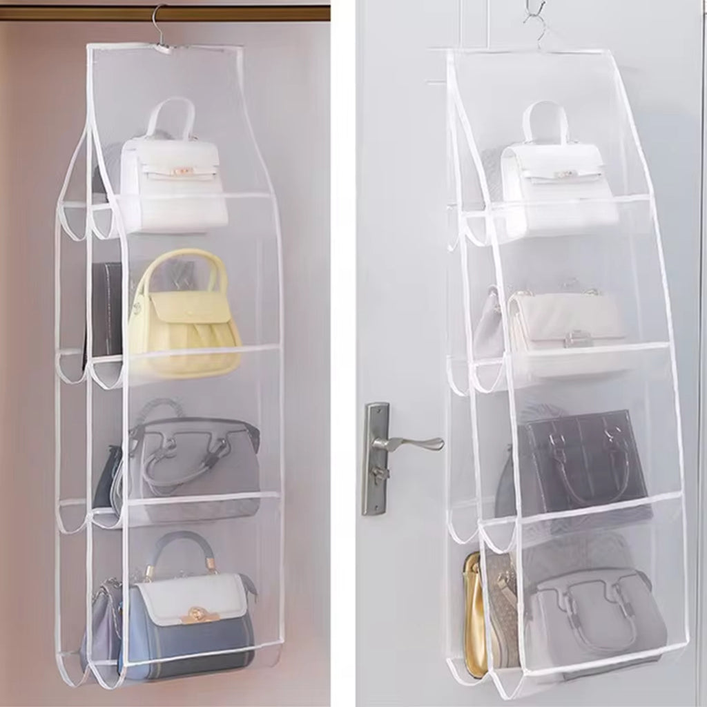 Hanging Closet Organizer — front and side views showing all six pockets