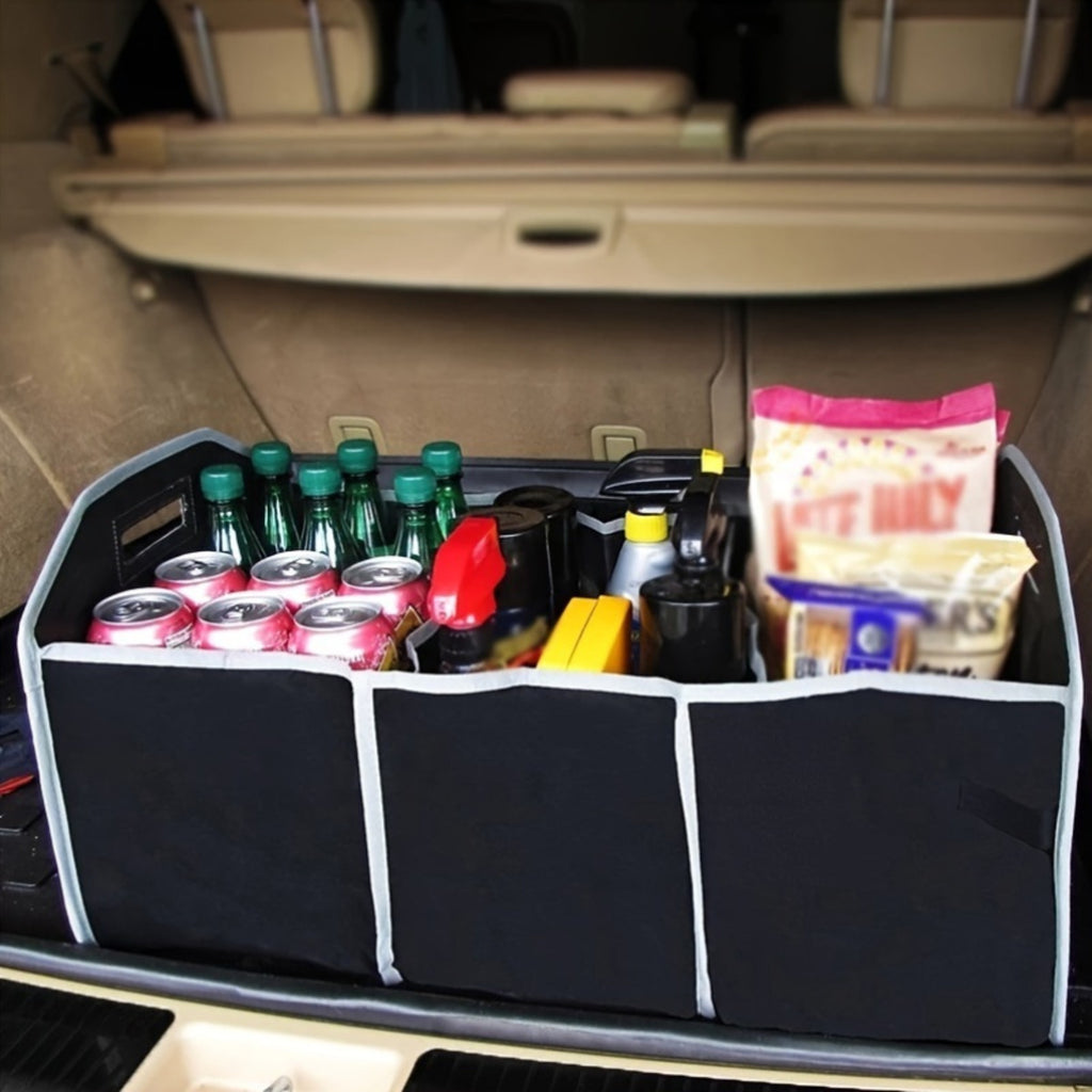 Trunk organizer keeping groceries and drinks upright in an open car trunk