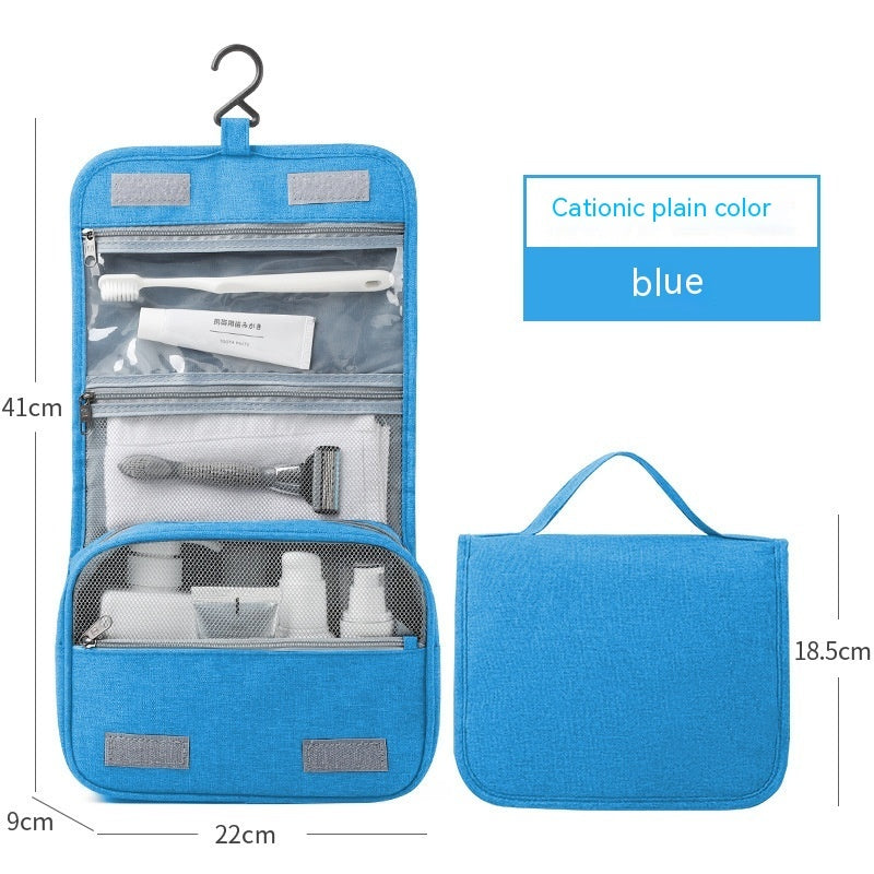 Navy blue small hanging toiletry bag shown open and folded closed
