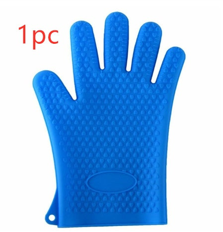 Dark blue silicone oven mitt with non-slip texture