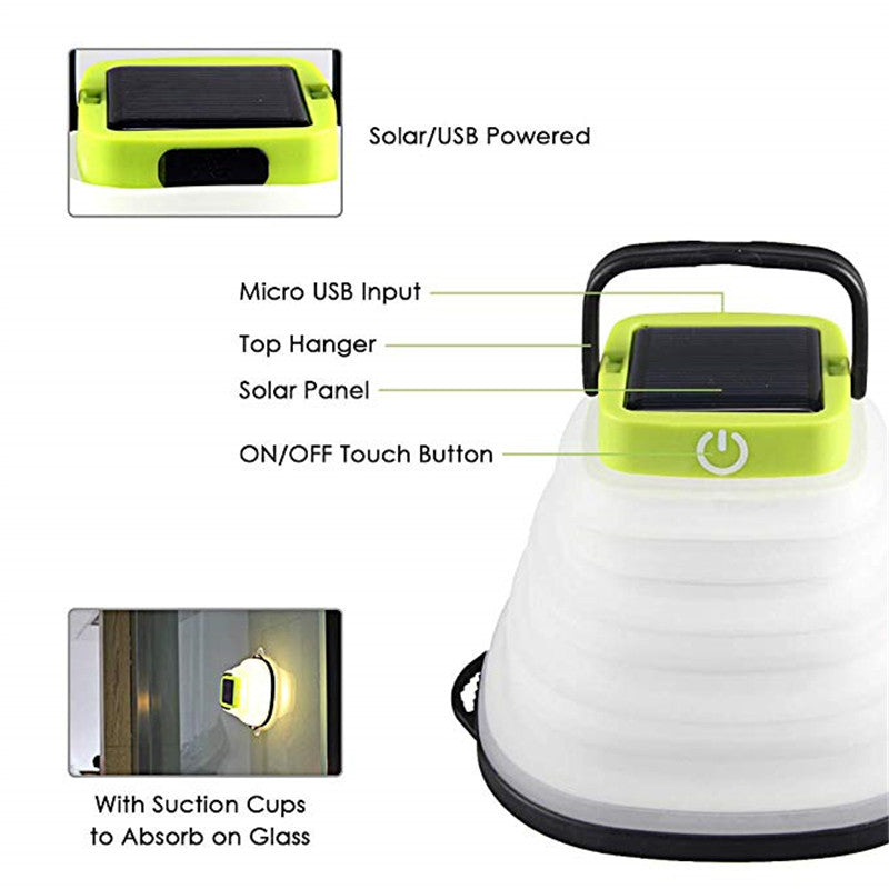 Feature overview showing solar panel, USB input and touch controls