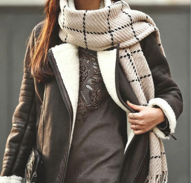 Plaid Shawl Blanket Scarf — beige plaid scarf worn wrapped