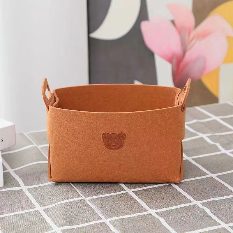 Felt Desk Organizer — reddish brown felt basket with bear embroidery