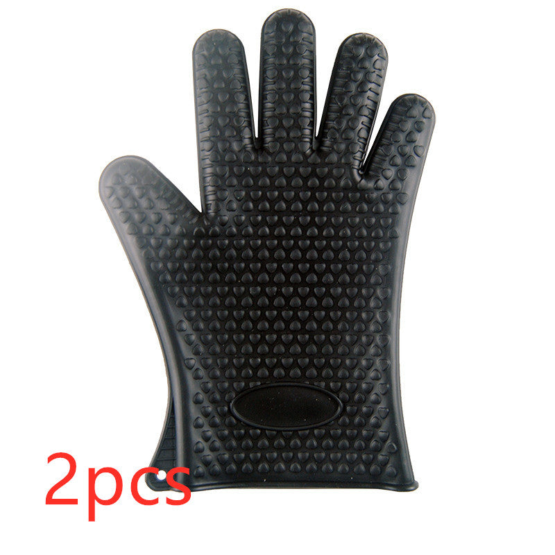 Pair of black silicone oven mitts for two-handed lifting