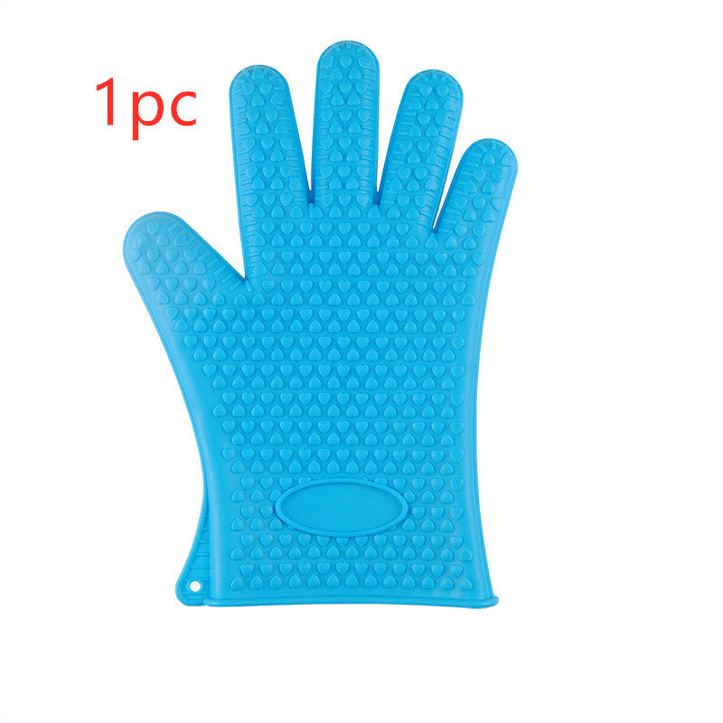 Blue silicone oven mitt with flexible five finger design