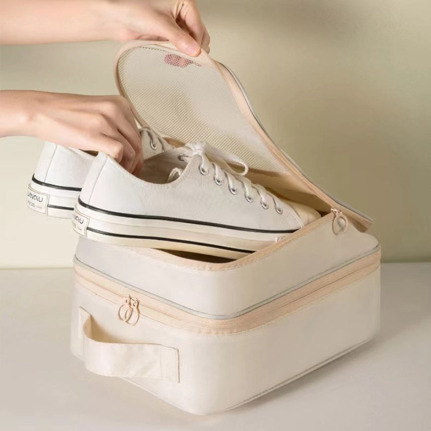3 Layer Travel Shoe Bag — sneakers packed in open bag