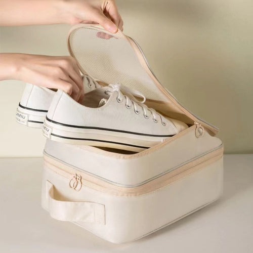 3 Layer Travel Shoe Bag — sneakers packed in open bag