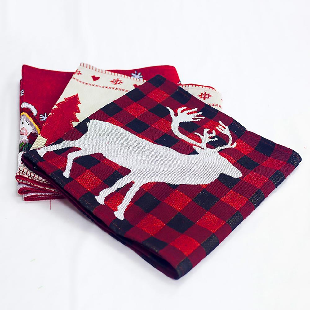Embroidered Linen Christmas Table Runner — elk design folded, showing plaid and stitching