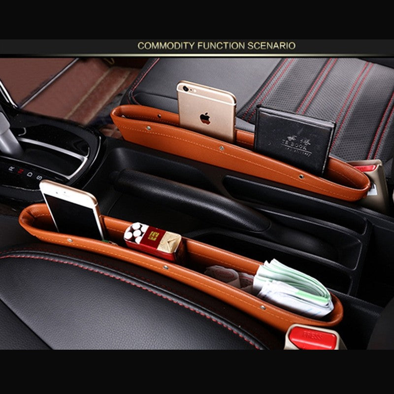Seat gap organizer installed beside a car seat holding phone and cards